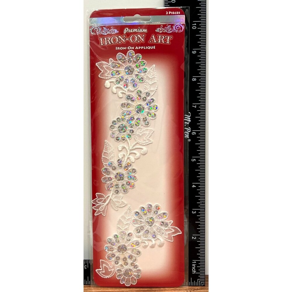 Premium Iron-On Art Appliqué Floral Design 2 Pieces White & Iridescent AP15985-0